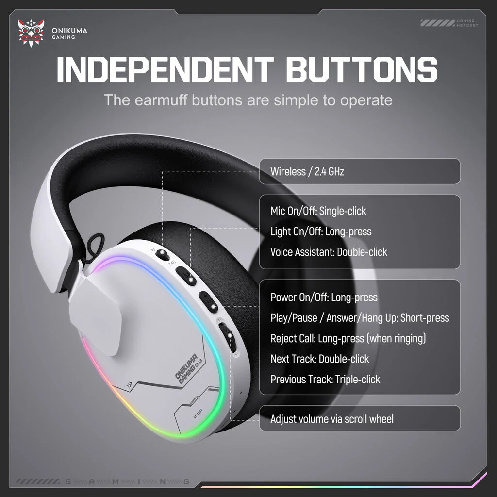 ONIKUMA GT836 White Independent Earcup Controls