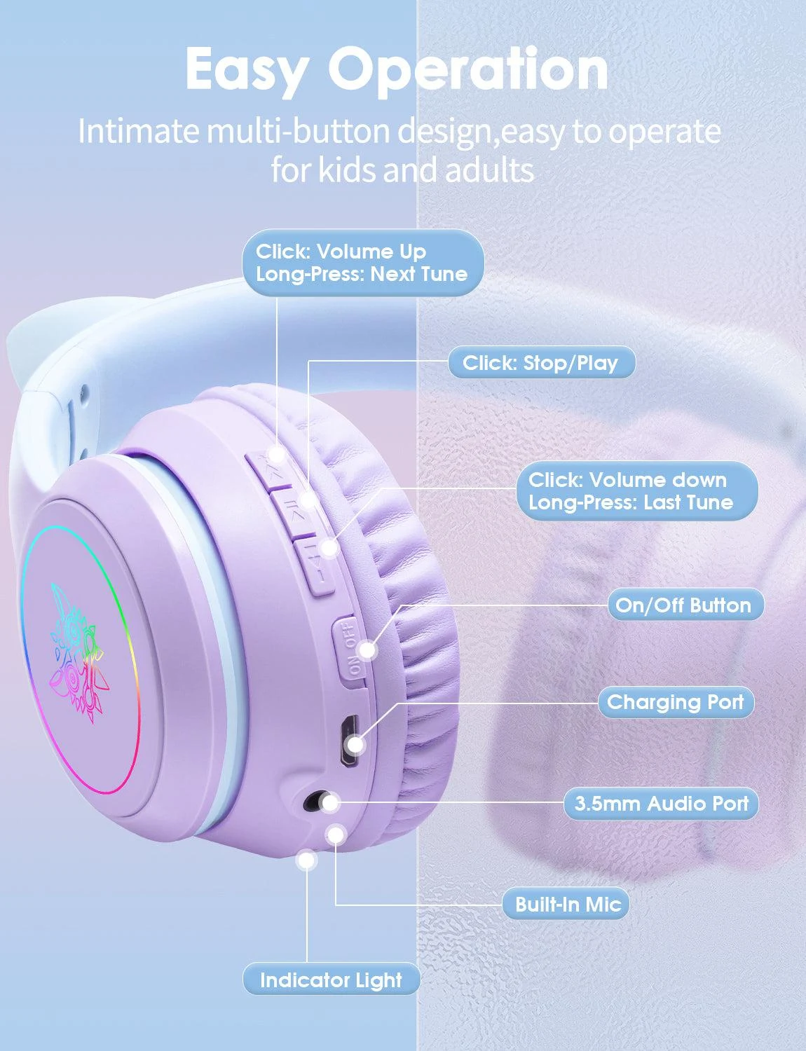 ONIKUMA B90 Cat Ear RGB Wireless Gaming Headset - Purple