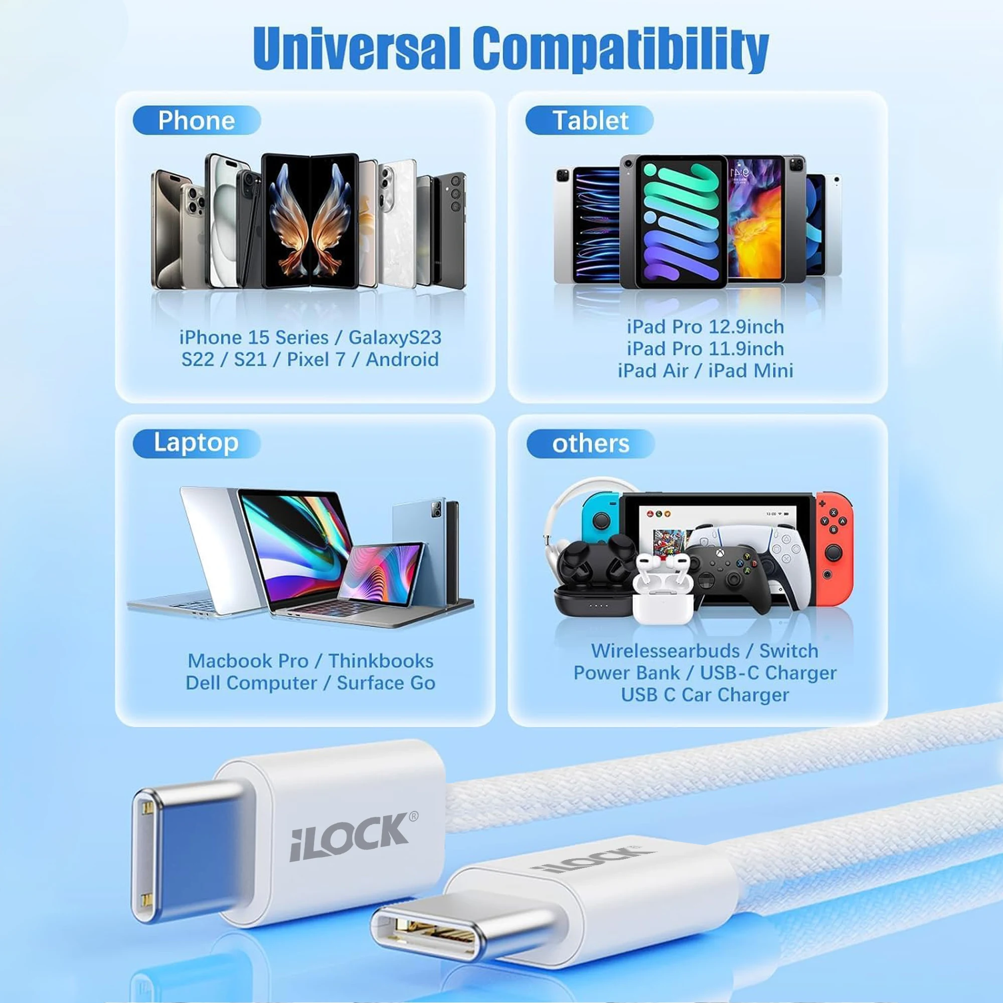 كابل آي لوك USB-C إلى USB-C مضفّر شحن PD 240 واط – 1 متر