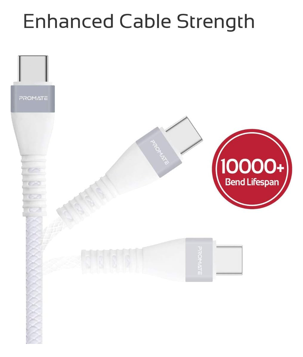 Promate Reversible Cable Zinc Alloy Anti-Break TPE with Braiding Effect - White