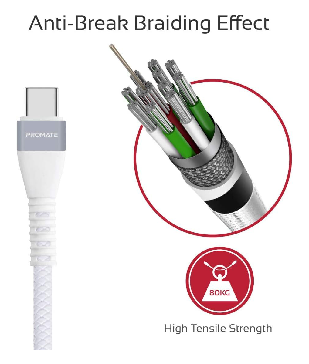 Promate Reversible Cable Zinc Alloy Anti-Break TPE with Braiding Effect - White