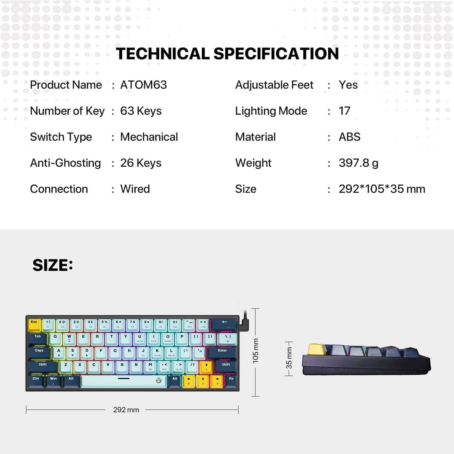 Fantech ATOM63-MK874v2 Wired Mechanical Gaming Keyboard Sky Blue - Blue Switch