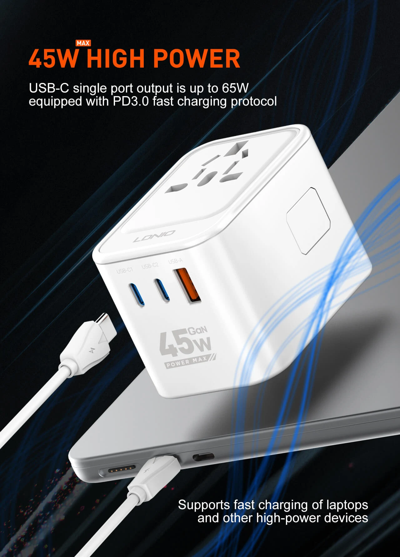 LDNIO Z8 GaN Universal Travel Adapter 45W 3 USB Ports