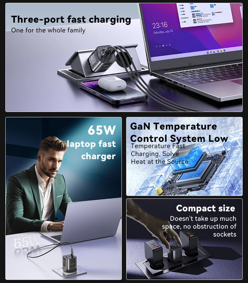 شاحن ييسيدو YC65 PD بقوة 65W بثلاثة منافذ 2 USB-C وUSB-A وقابس أوروبي للابتوب