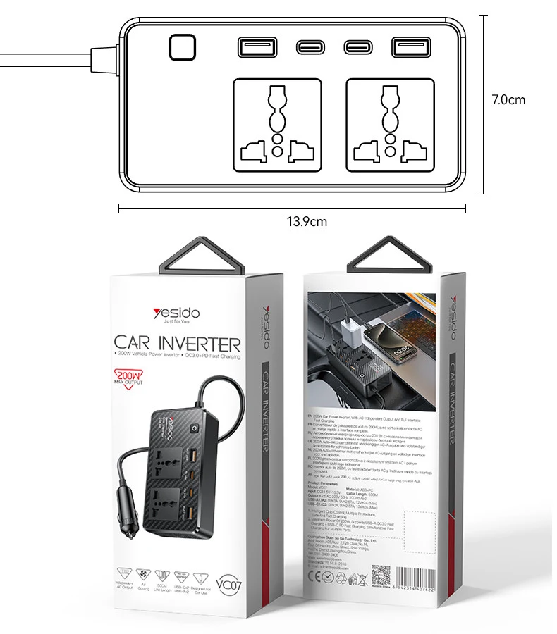 YESIDO VC07 200W Car Power Inverter 12V to 220V