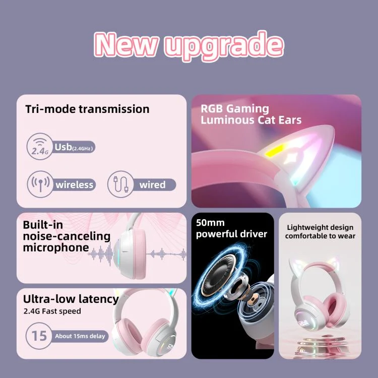 ONIKUMA GT838 Cat Ear RGB Wireless Gaming Headphone - Pink