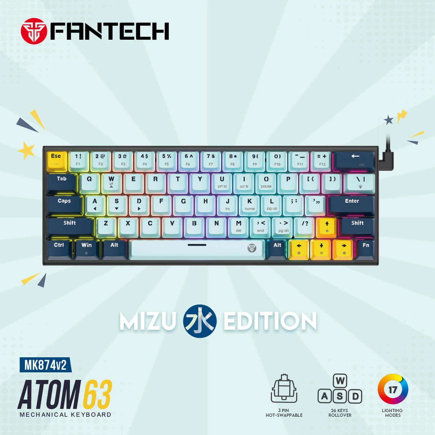 Fantech ATOM63-MK874v2 Wired Mechanical Gaming Keyboard Sky Blue - Blue Switch