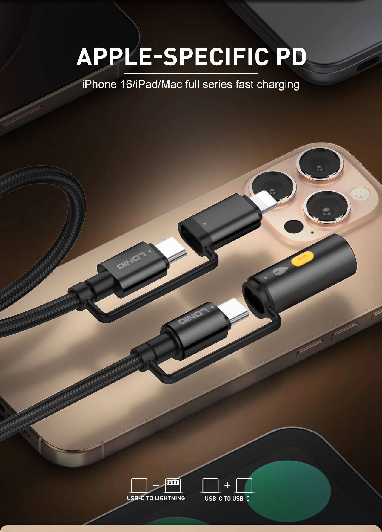 LDNIO LC20 65W Lighting & USB-C to USB-C & Cigarette Lighter 1.2m - Black