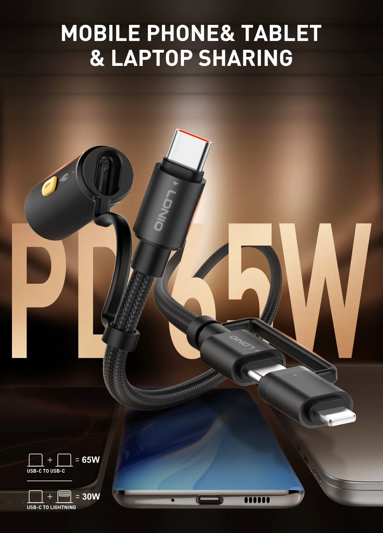 LDNIO LC20 65W Lighting & USB-C to USB-C & Cigarette Lighter 1.2m - Black