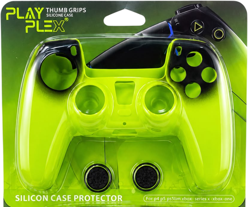 PS5 DualSense fitted with the Remix Green silicone case and thumb grips