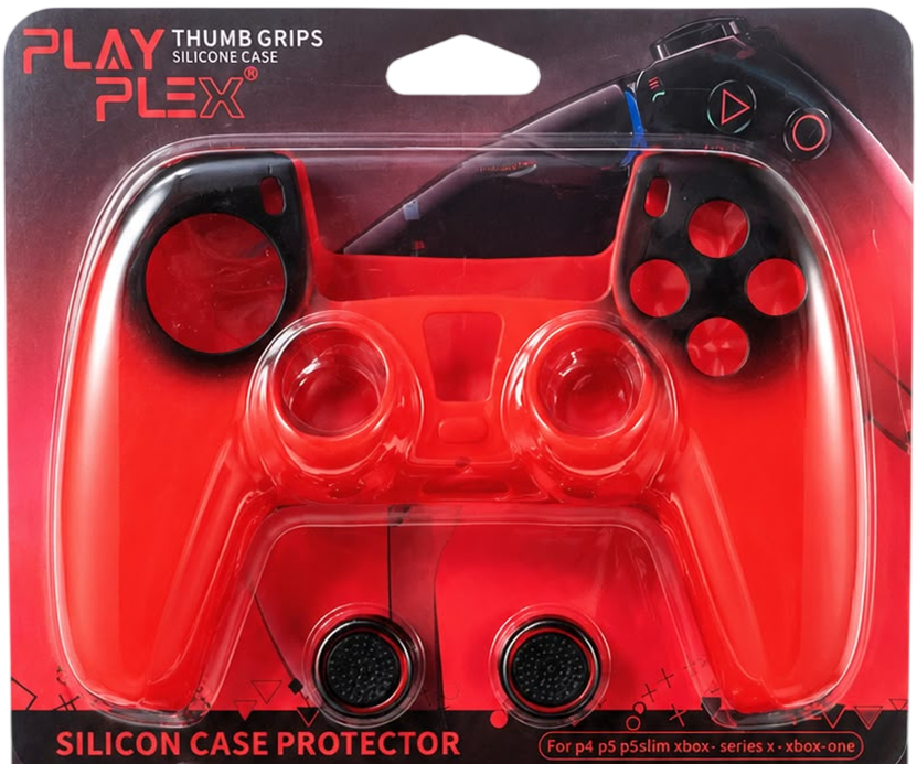 PS5 DualSense Techno Red silicone protector with thumb grips