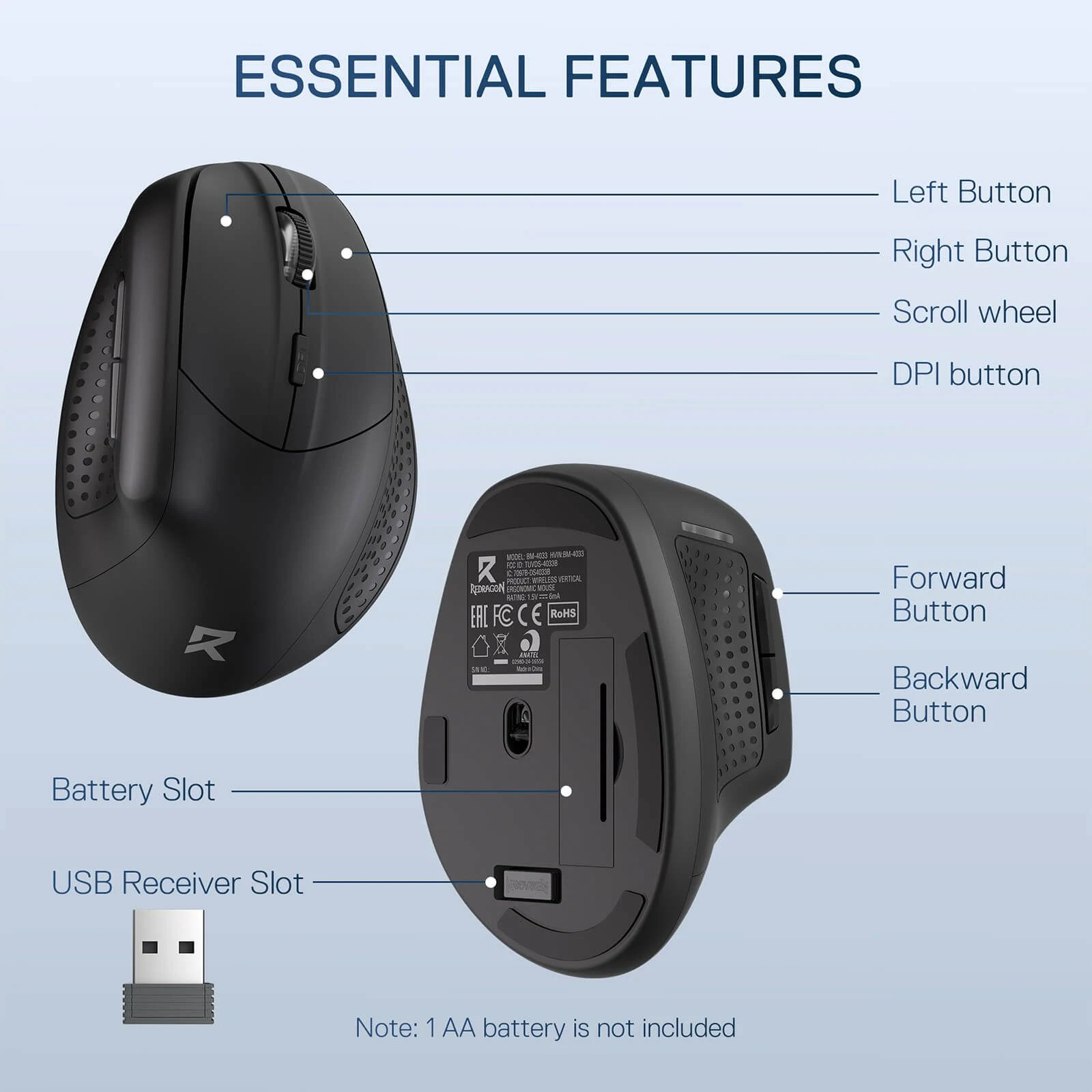 Redragon BM-4033 Wireless Vertical Ergonomic Mouse