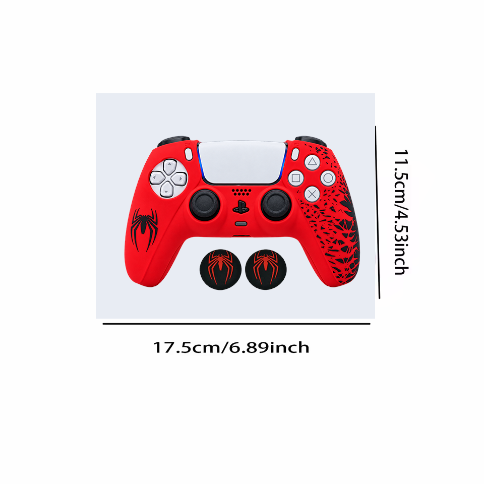 Red and black Spider-Man-inspired silicone cover with thumb grips for PS5 DualSense