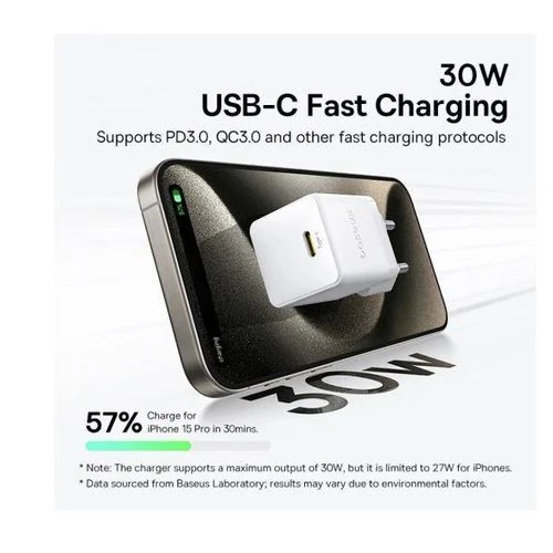 باسيوس بالم شاحن سريع 1C 30 واط EU + كابل USB-C 1م - مون وايت