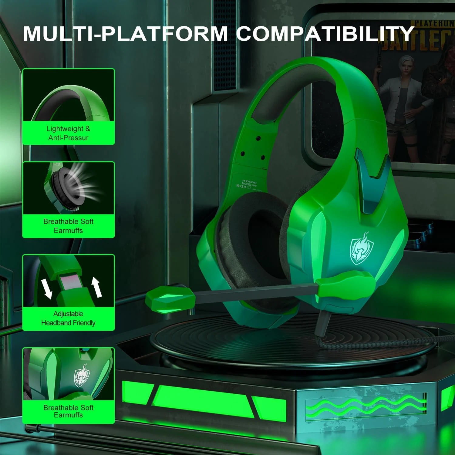 PHOINIKAS H9 Wired Gaming Headset - Green