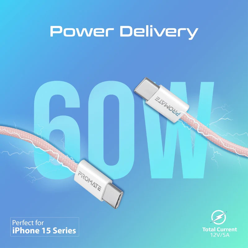 بروميت EcoLine-CC200 كابل USB-C 60W بطول 2 متر – وردي
