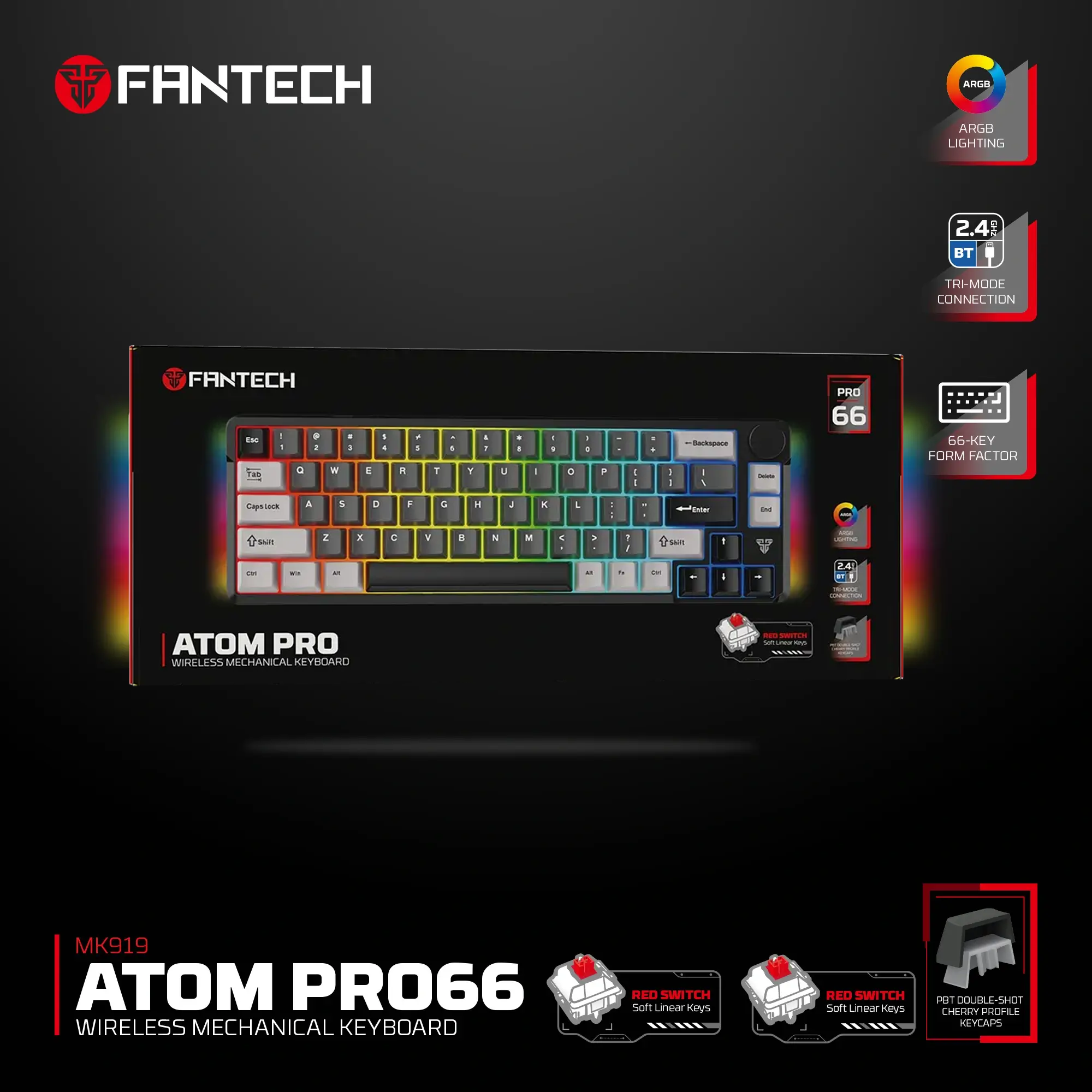 Fantech ATOM PRO-MK919 RGB Wireless Mechanical Gaming Keyboard Red Switch - Black