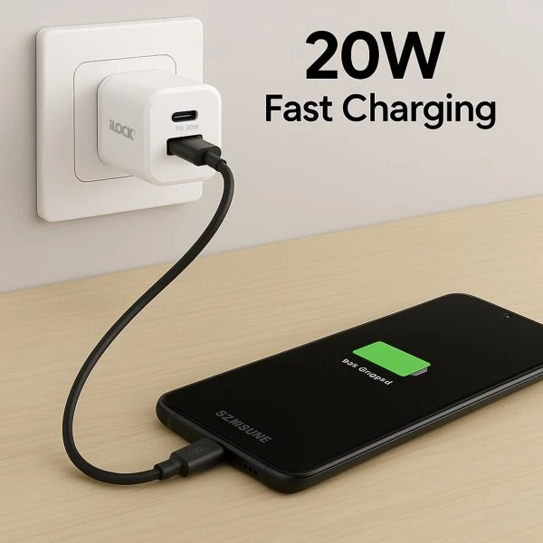 iLOCK 20W Dual-Port Wall Charger (USB-A + USB-C, QC 3.0) - White