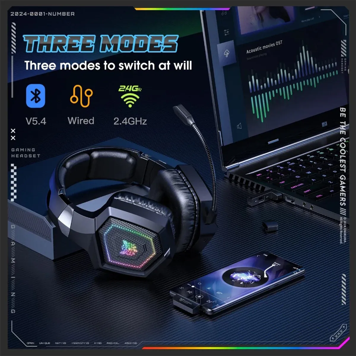 ONIKUMA GT806 RGB Tri-Mode Wireless Gaming Headset - Black - Open Sealed