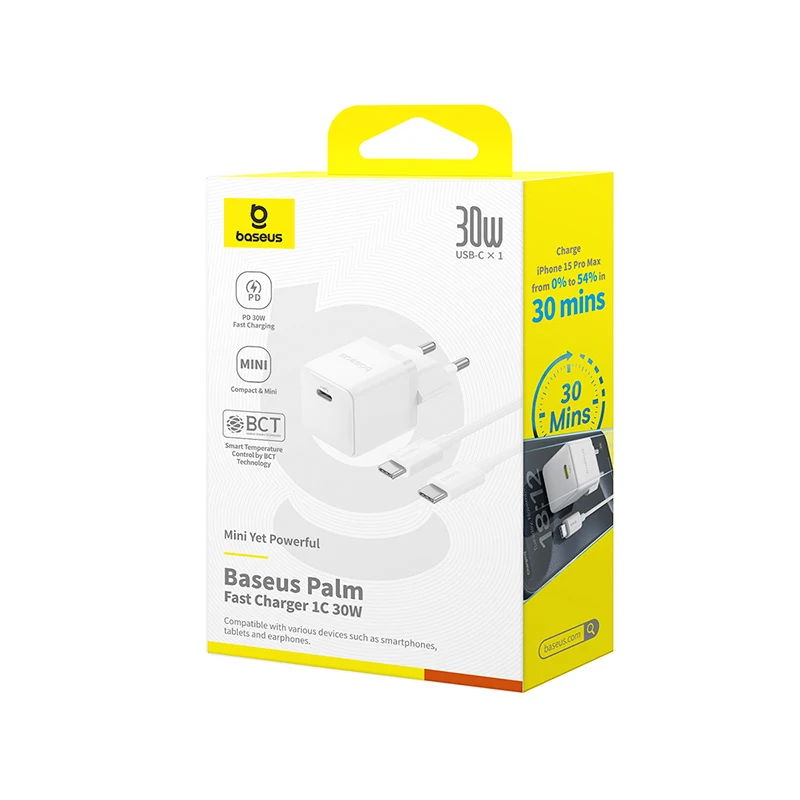 باسيوس بالم شاحن سريع 1C 30 واط EU + كابل USB-C 1م - مون وايت