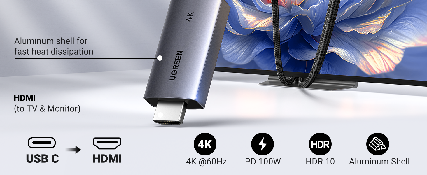 يوجرين CM675 كابل USB-C إلى HDMI بدقة 4K 60Hz قوة 100 واط – 2 متر