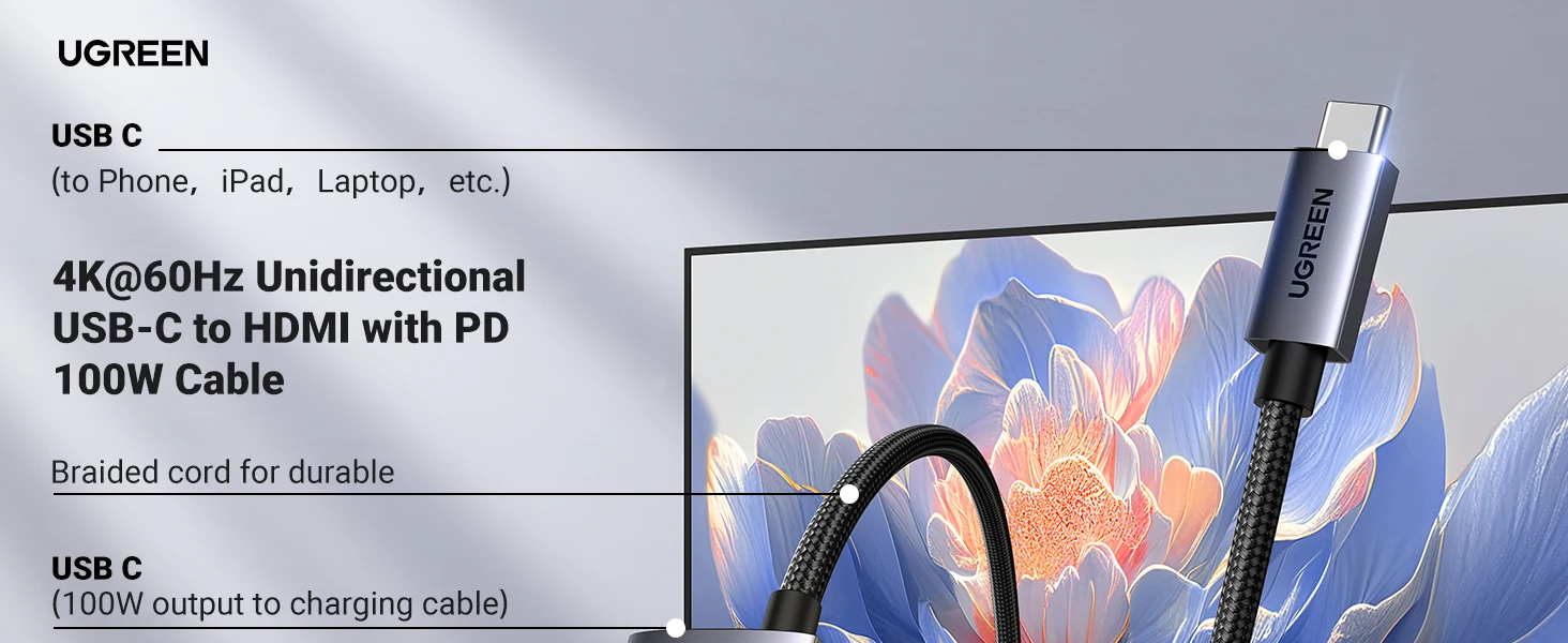 يوجرين CM675 كابل USB-C إلى HDMI بدقة 4K 60Hz قوة 100 واط – 2 متر