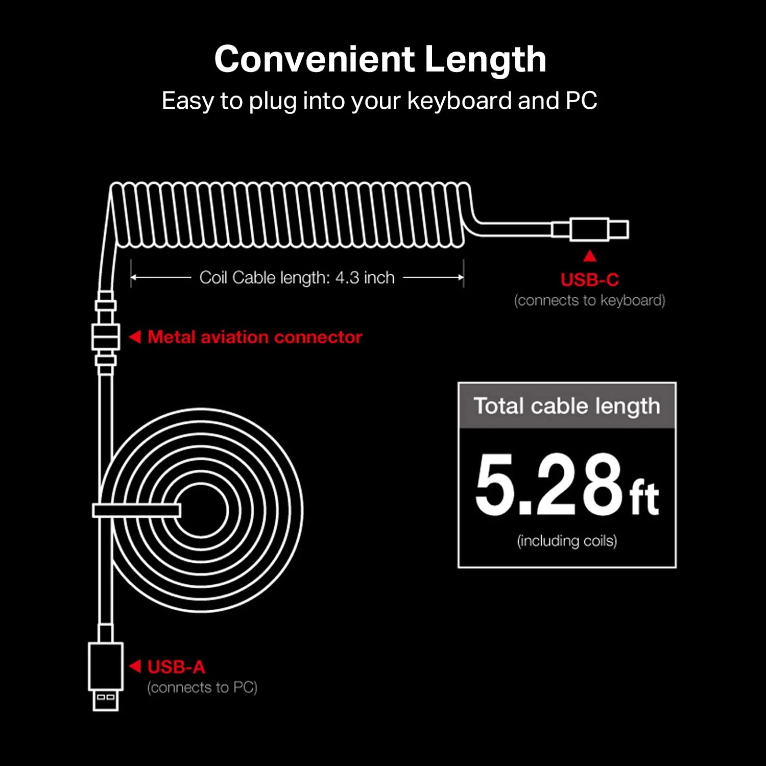 Redragon A115B Type C USB Coiled Spring Cable - 1.6M - Black