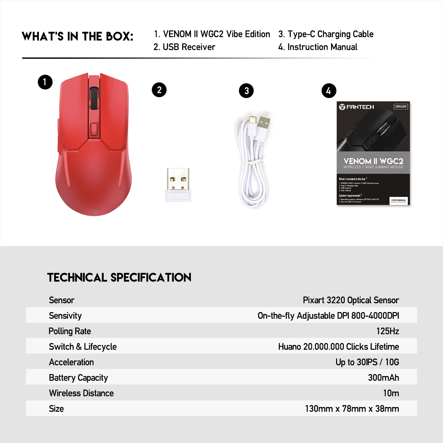 FANTECH VENOM II WGC2 VIBE EDITION Wireless Mouse - Red