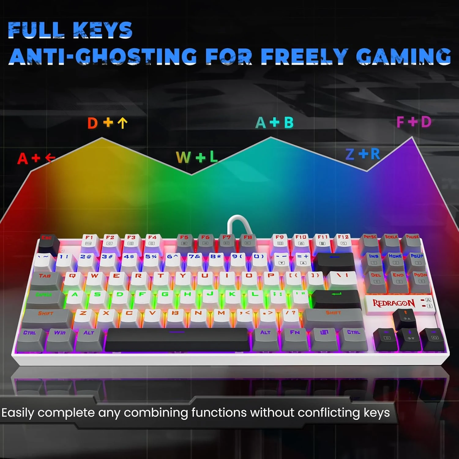 Redragon K552-WGL KUMARA Rainbow Wired Mechanical Gaming Keyboard - Red Switch - White/Gray