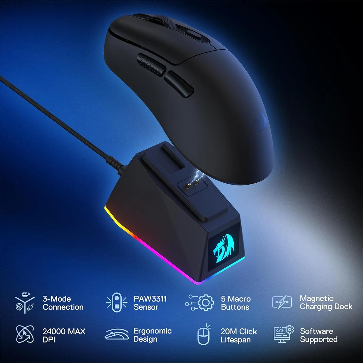 Redragon M998-STD-1K Tri-Mode Mouse with RGB Charging Dock - Black