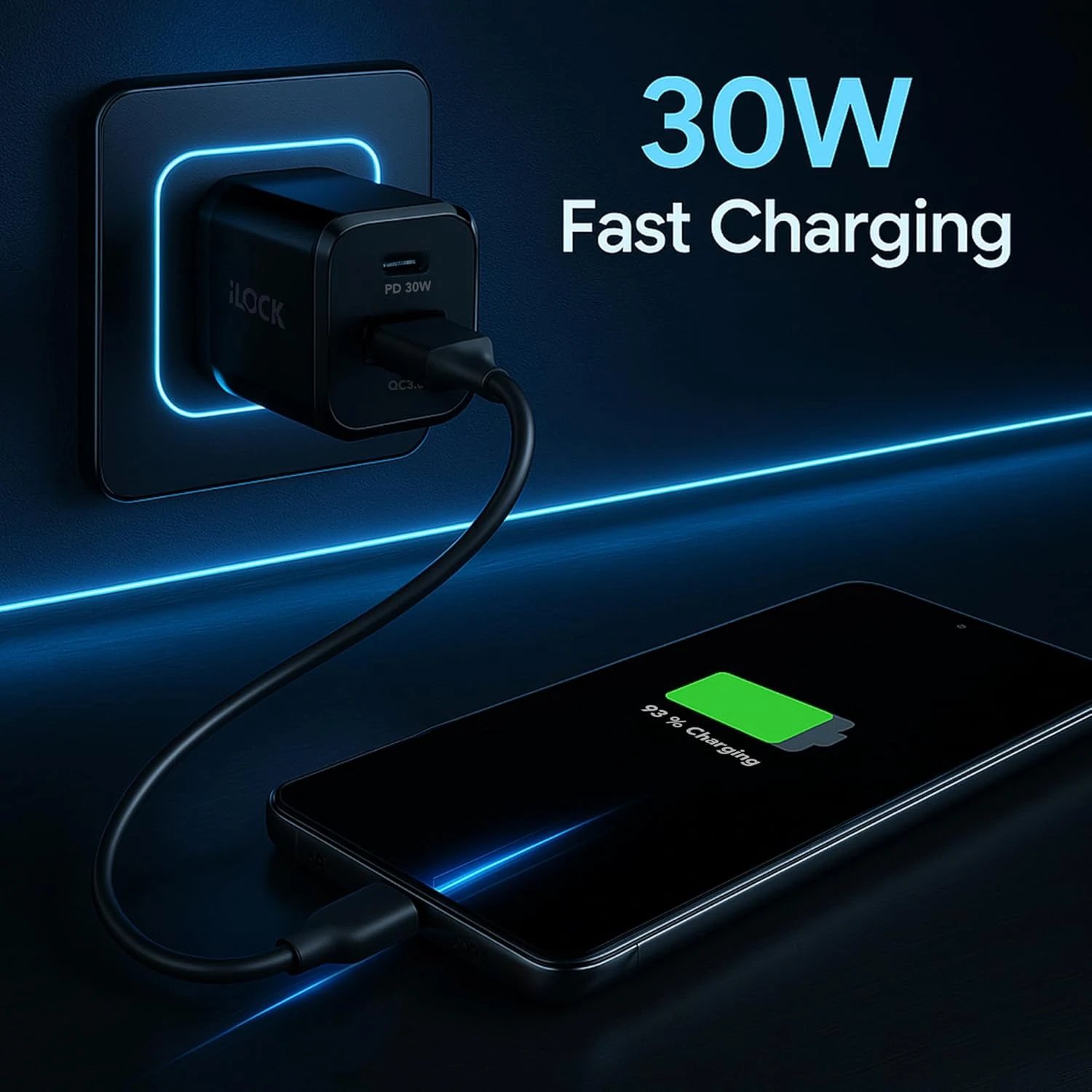 شاحن حائط آي لوك 30 واط منفذين USB-A + USB-C – أسود