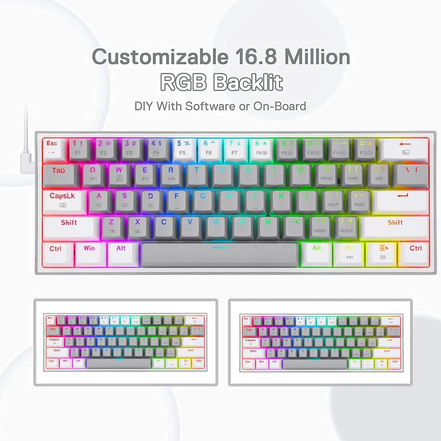 Redragon K616 Fizz Pro RGB 60% Wireless Gaming Mechanical Keyboard – Red Switches - White/Grey
