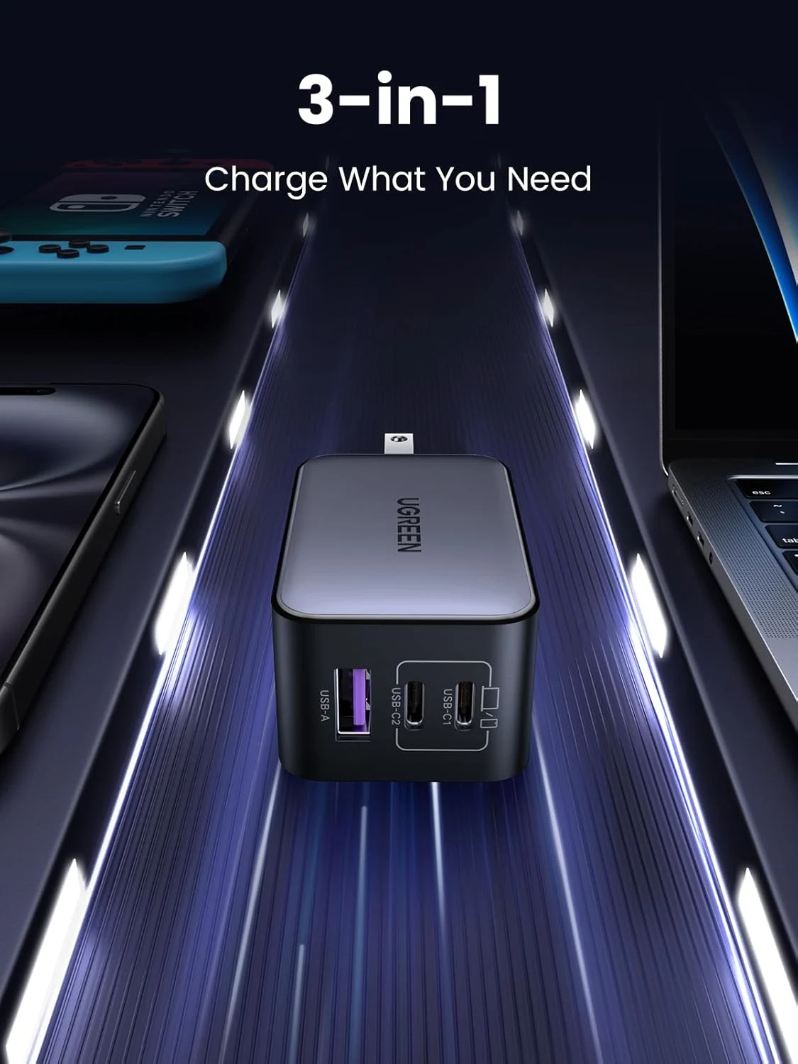 UGREEN CD244 65W Fast Charger 1-USB-A & 2-USB-C With USB-C Cable - Black