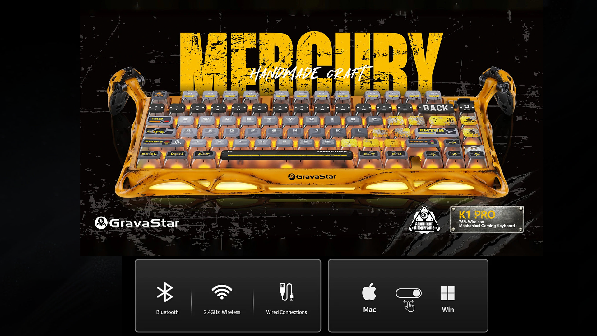 GravaStar Mercury K1 Pro 75% Wireless Mechanical Gaming Keyboard Special Edition - Battle-Worn Yellow