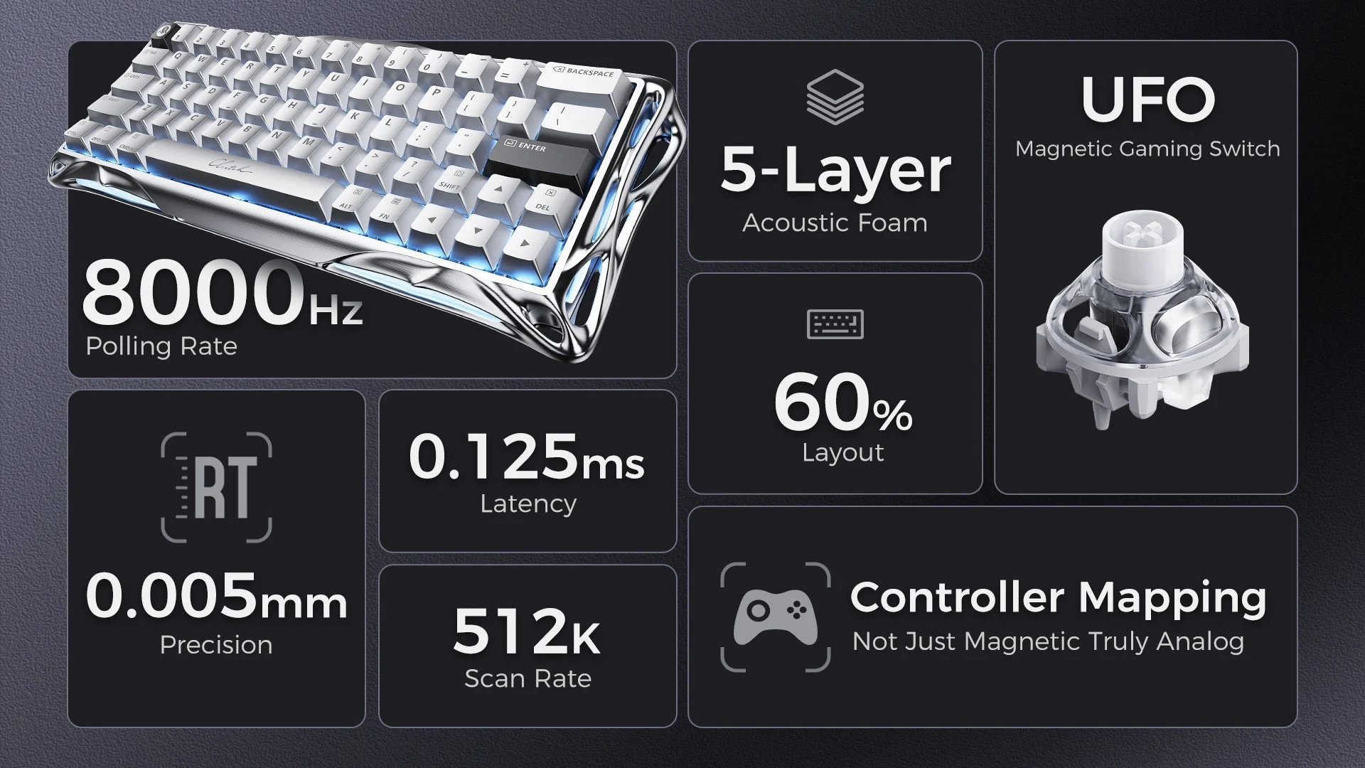 جرافاستار كيبورد Mercury V60 برو ماجنتيك سويتش 60% للألعاب - كروما سيلفر