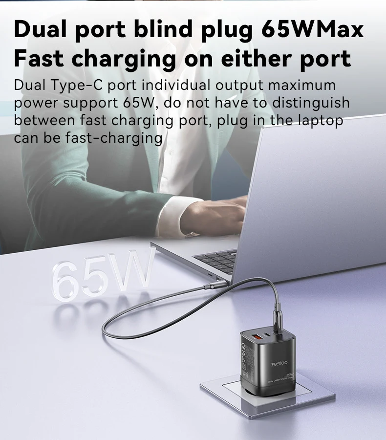 شاحن ييسيدو YC65 PD بقوة 65W بثلاثة منافذ 2 USB-C وUSB-A وقابس أوروبي للابتوب