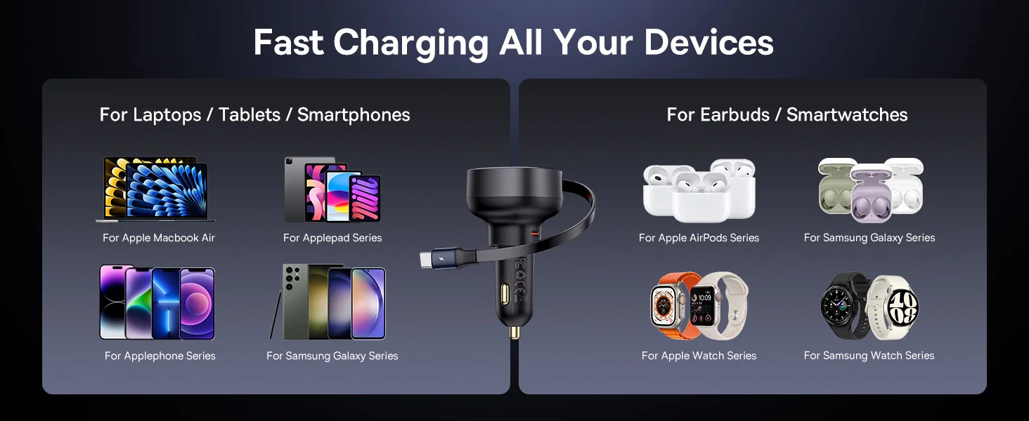 Baseus Enjoyment Pro 60W Car Charger + Retractable USB-C - Black