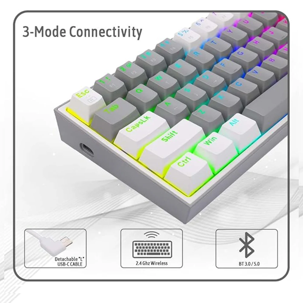 Redragon K616 Fizz Pro RGB 60% Wireless Gaming Mechanical Keyboard – Red Switches - White/Grey