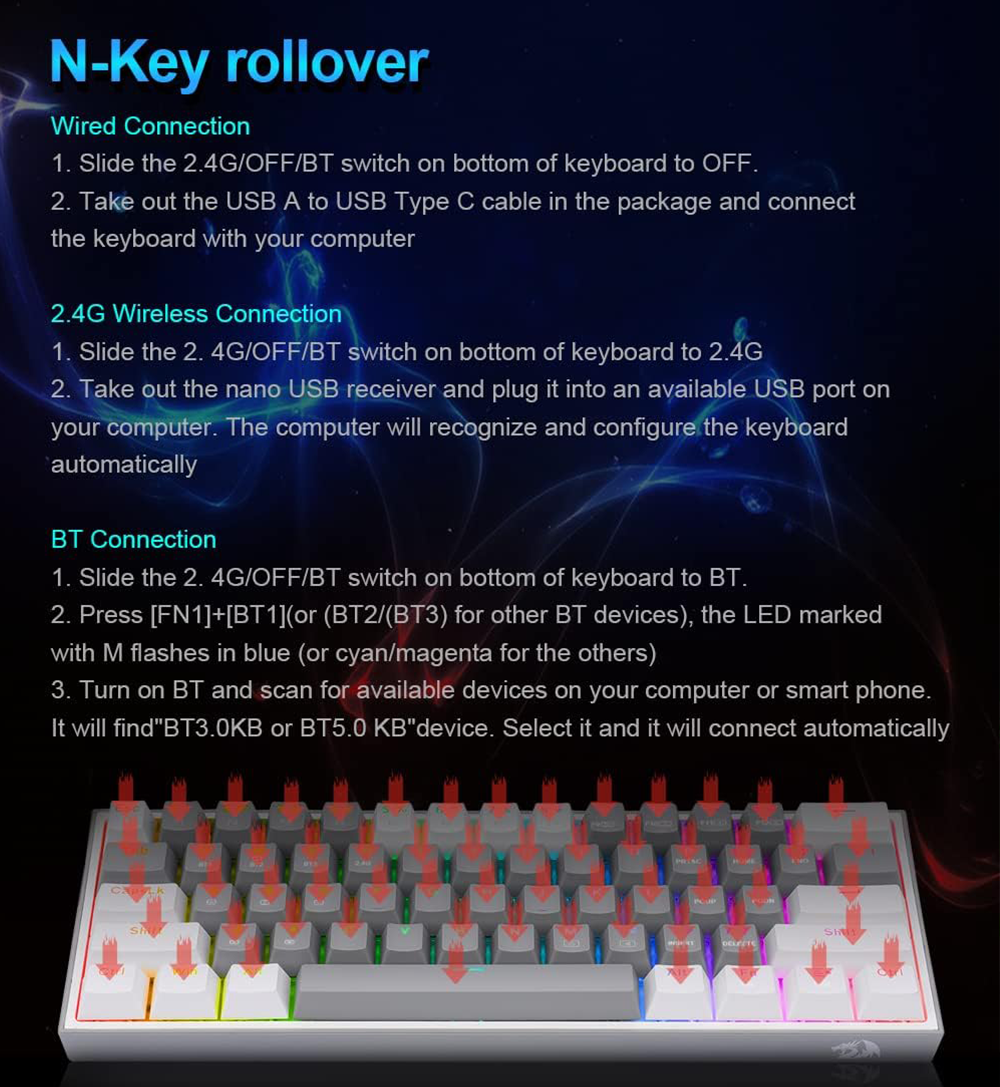 Redragon K616 Fizz Pro RGB 60% Wireless Gaming Mechanical Keyboard – Red Switches - White/Grey
