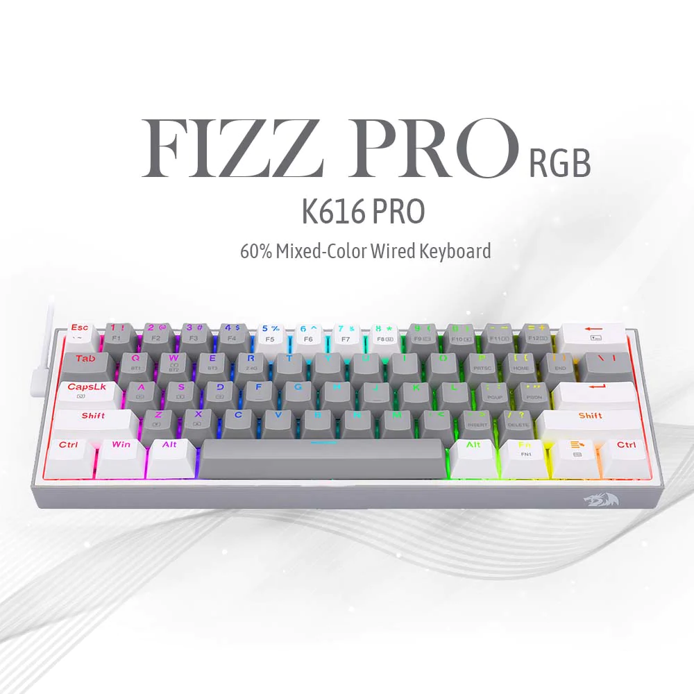 Redragon K616 Fizz Pro RGB 60% Wireless Gaming Mechanical Keyboard – Red Switches - White/Grey