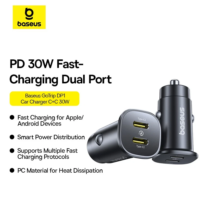 باسيوس جو تريب DP1 شاحن سيارة 30 واط (2× USB-C) - أسود