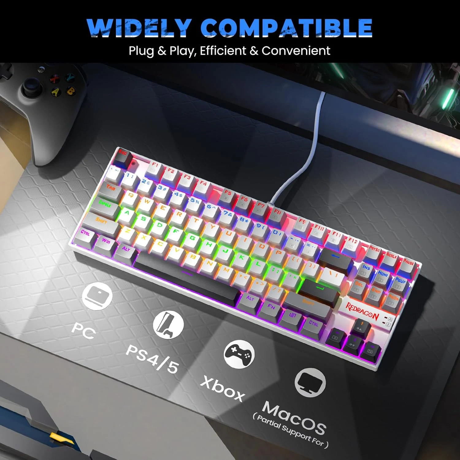 Redragon K552-WGL KUMARA Rainbow Wired Mechanical Gaming Keyboard - Red Switch - White/Gray