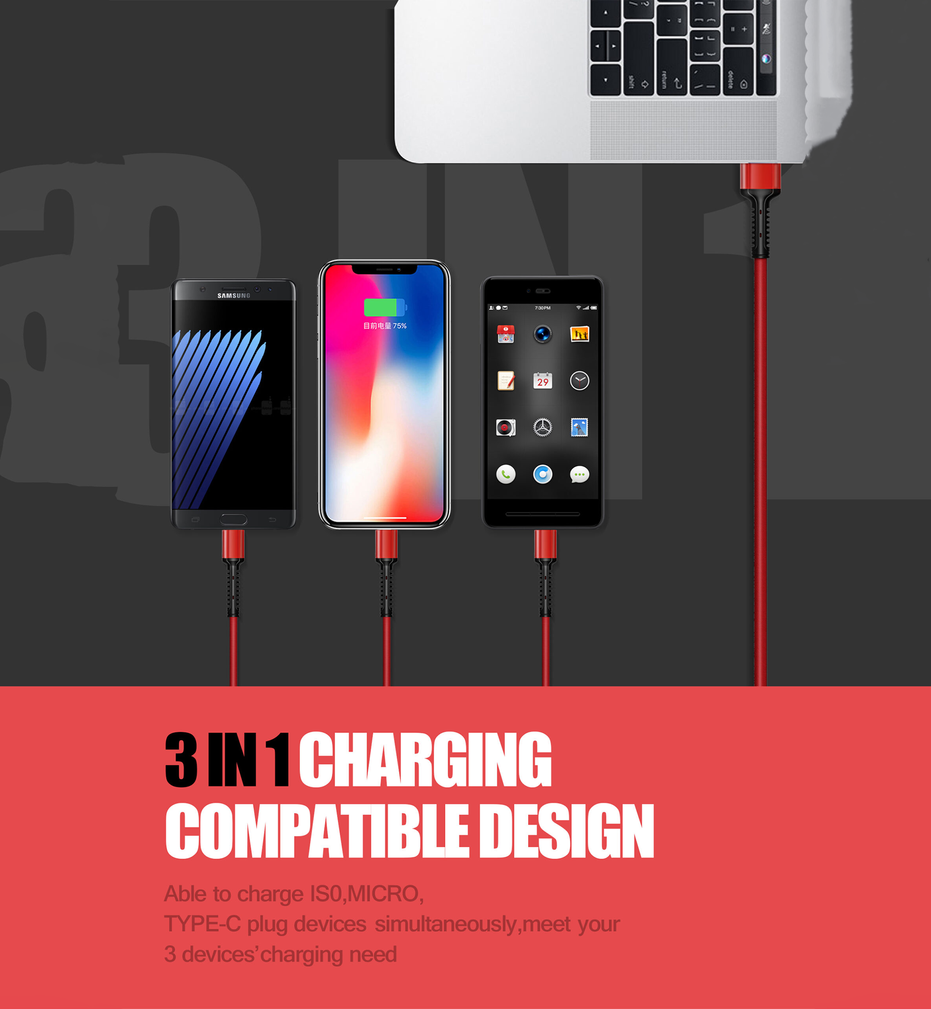LDNIO LC93 Fast Charging 3in1 Cable 1.2M - Red