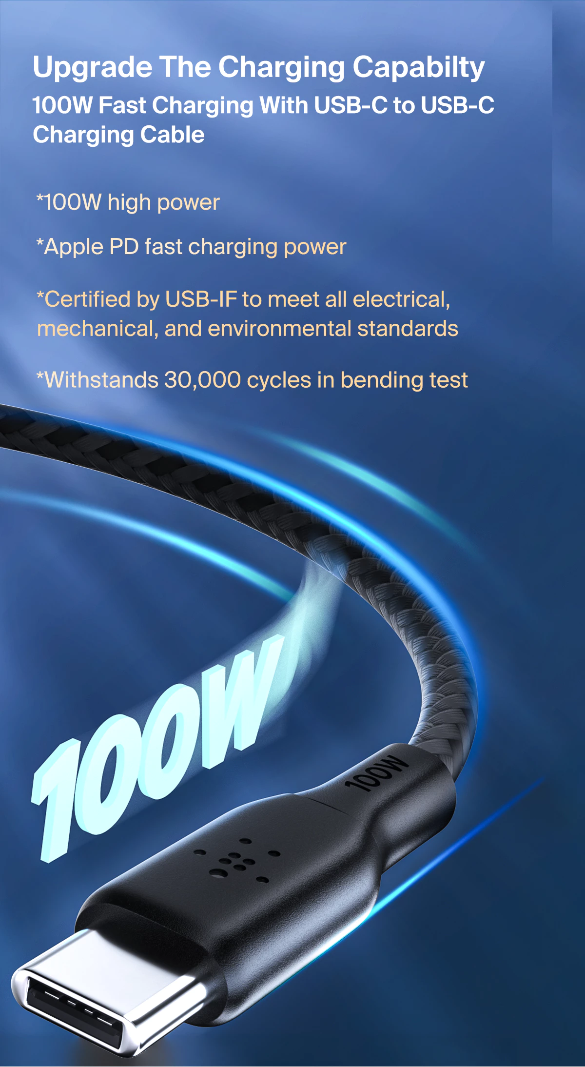 بلكين بوست تشارج كابل USB-C إلى USB-C مضفر بقوة 100W وطول 2 متر
