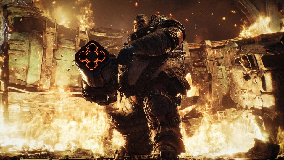 A frightening Locust enemy attacking a COG soldier