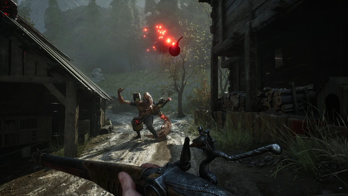 The player firing a weapon at a mutated creature