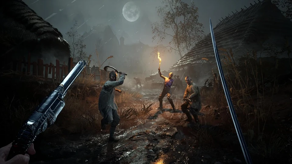 First-person sword combat against a corrupted soldier in Valor Mortis