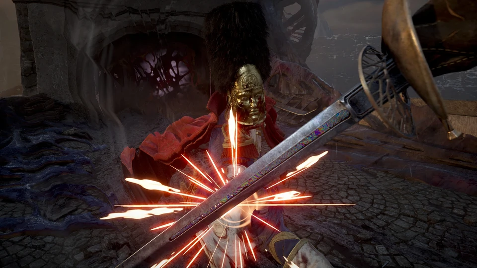 William wielding a sword and firearm during first-person combat