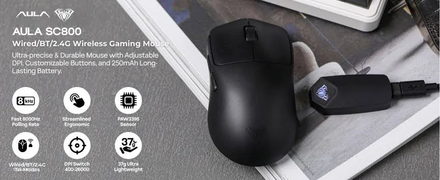 AULA SC800 Black wireless gaming mouse shown from a three-quarter angle