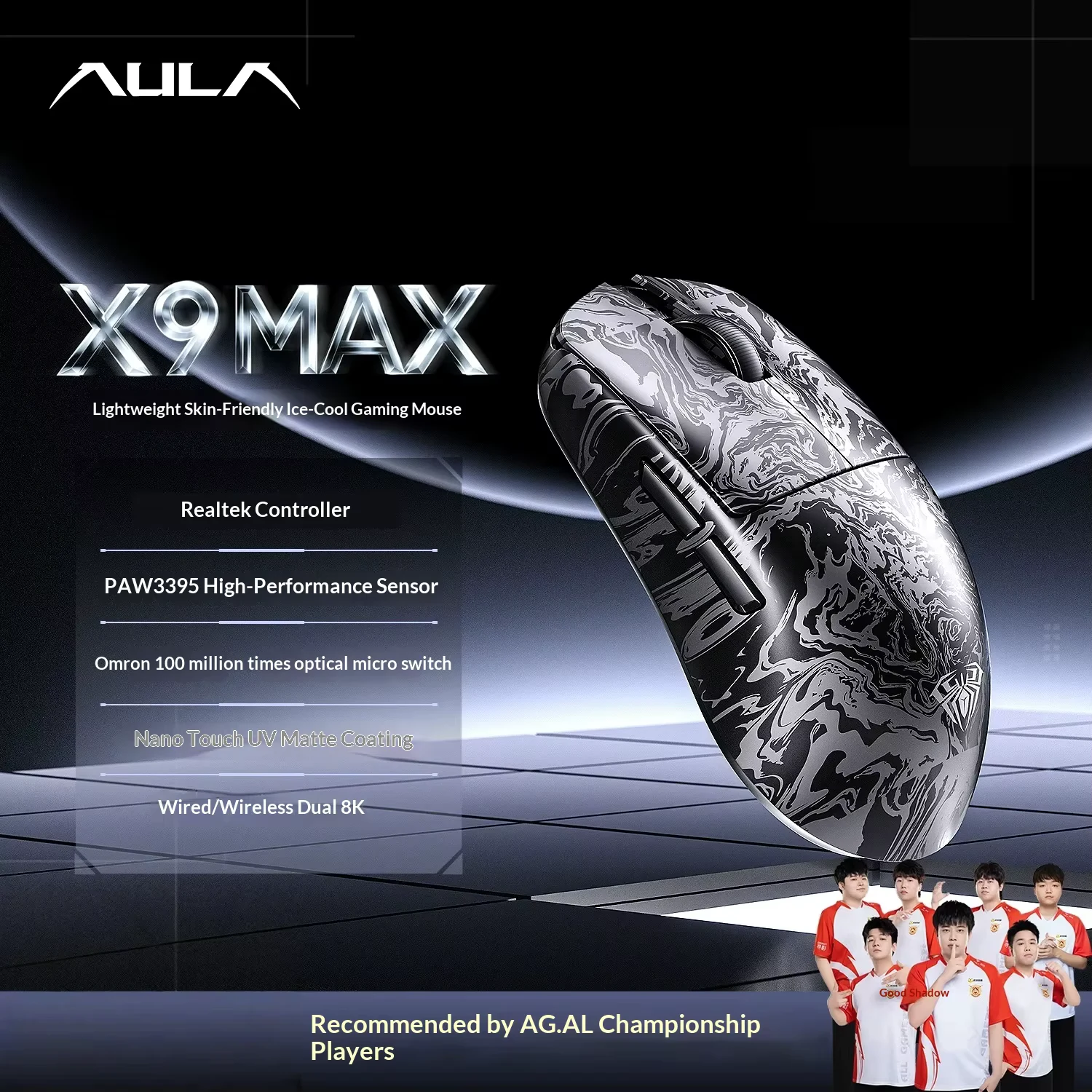 AULA X9 MAX Tri-Mode Wireless Gaming Mouse in Liquid Black